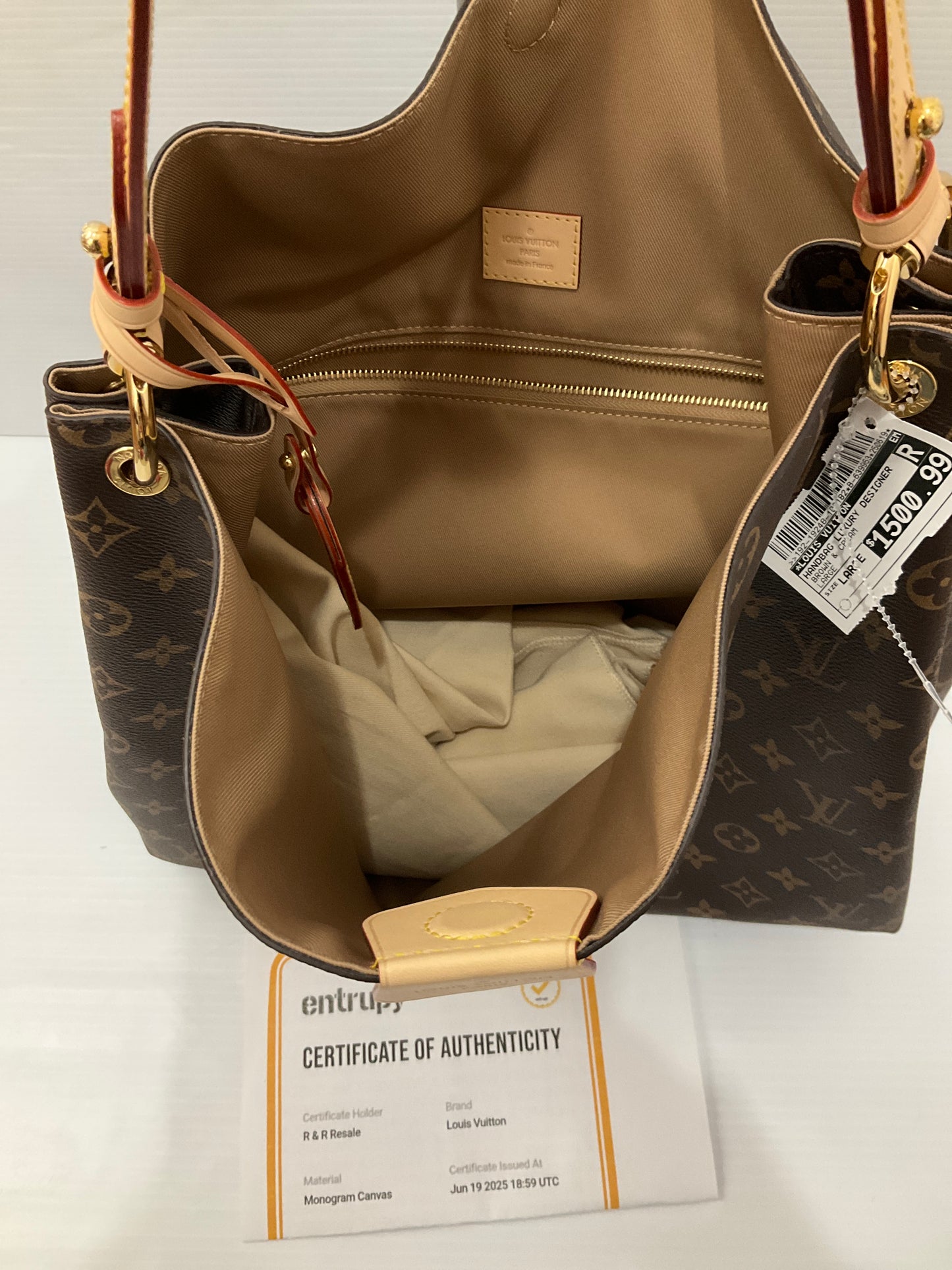 Handbag Luxury Designer By Louis Vuitton In Brown & Cream, Size:Large