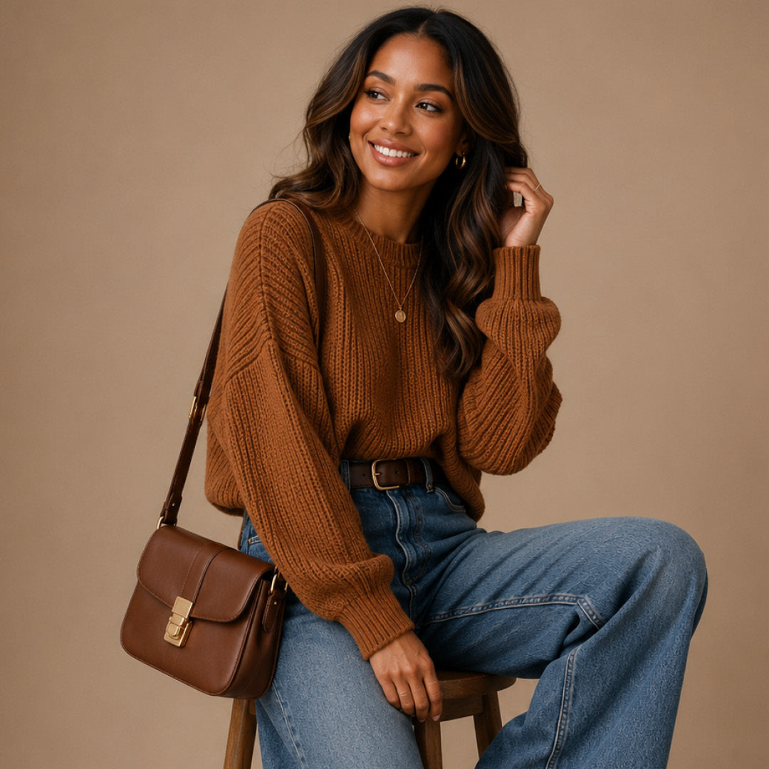 A woman sitting on a stool wearing a brown ribbed knit sweater, blue jeans, and a brown leather crossbody bag with a gold clasp, set against a solid beige background.
